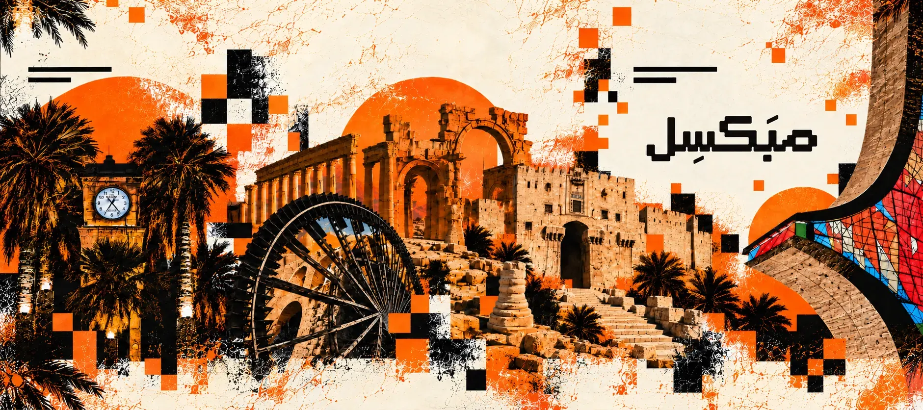 لوحة لمعالم سورية: ساعة حمص، ناعورة حماة، أعمدة تدمر وقلعة حلب، بألوان مبكسل ومربّعات البكسل